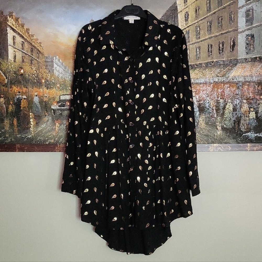 Luna Moon /Anthropologie Black Tunic with Gold Teardrop Print